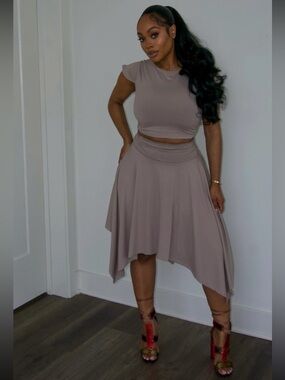 Taupe Asymmetric Midi Skirt Set
